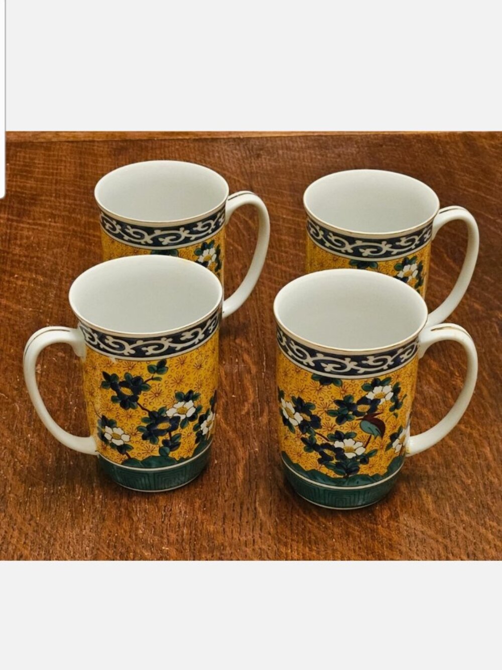 Set of 4 Vintage Takahashi Kutani Bluebird & Flower Mugs With Gold Trim